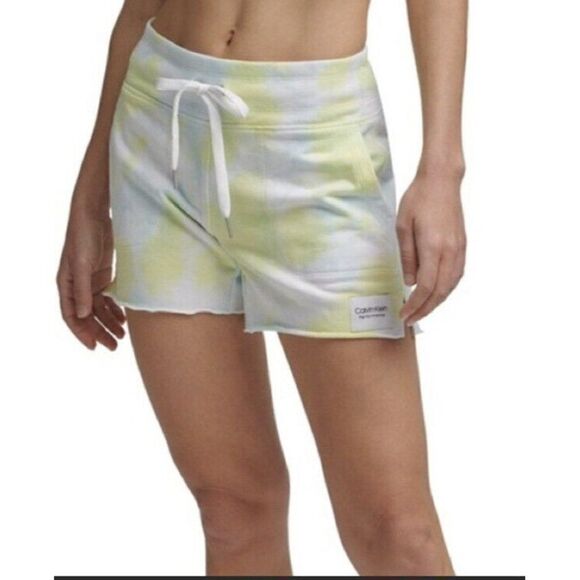 Calvin Klein Performance Yellow Blue Tie Dye French Terry Shorts Women's XL NWT - Picture 1 of 4